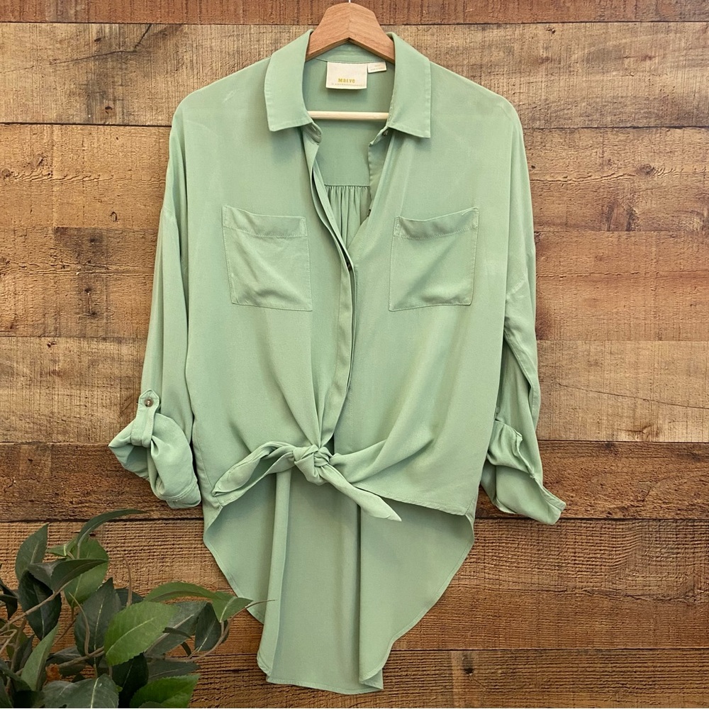 MAEVE Front Tie Blouse in Sage Green
